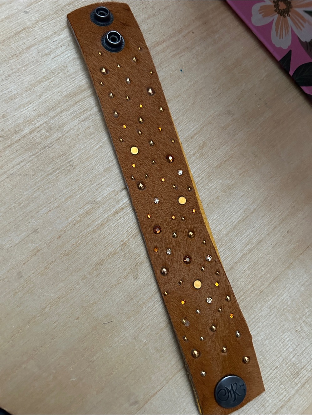 Caroline Rocha Embellished Brown Suede Cuff Bracelet with Gold Accents